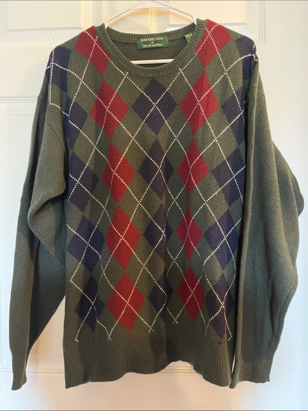 Vintage Cashmere Hunter Green Argyle Sweater - like new!